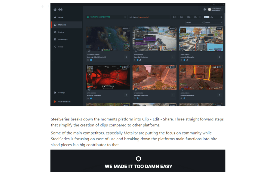 Competitive teardown of Steel Series GG's clip, edit, and share flow
