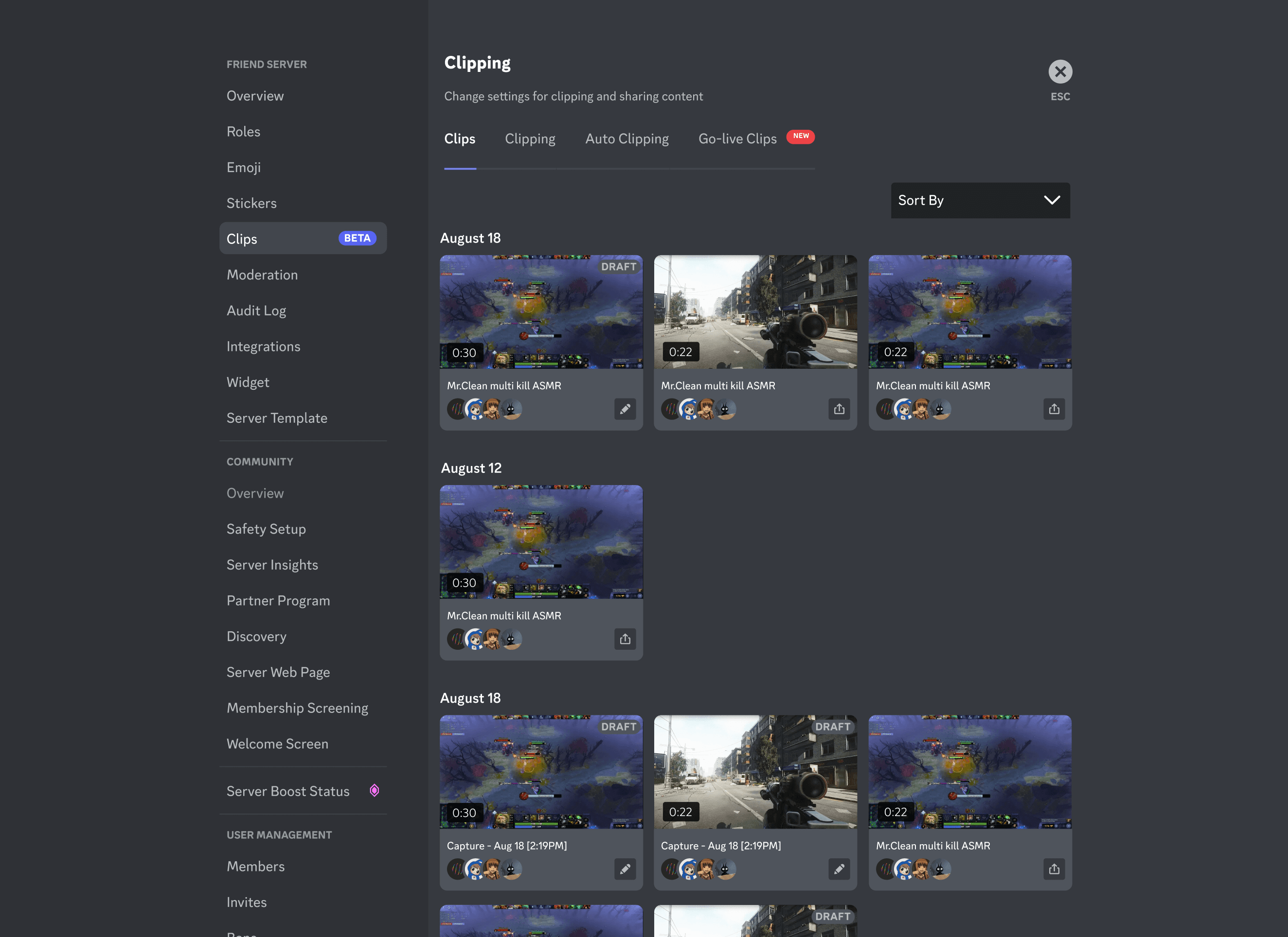 Shipped-adjacent clips panel grouped by date with edit and share actions
